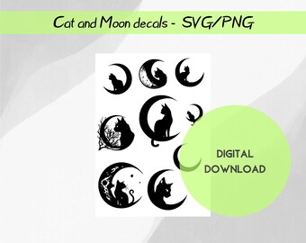 Könnte beinhalten: Ein Satz von acht digitalen SVG- und PNG-Dateien in Schwarzweiß mit einem Katzen- und Mondmotiv. Die Designs beinhalten eine Katze, die auf einer Mondsichel sitzt, eine Katze, die auf einem Vollmond sitzt, und eine Katze, die auf einem Halbmond sitzt. Der Text "DIGITALER DOWNLOAD" wird auf einem grünen Kreis angezeigt.
