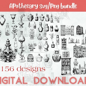 Puede incluir: Un paquete de descarga digital en blanco y negro de 156 diseños de boticario SVG y PNG. Los diseños presentan varios frascos, jarras y otros recipientes, así como plantas y hierbas. Los diseños son perfectos para crear manualidades, scrapbooking y otros proyectos.