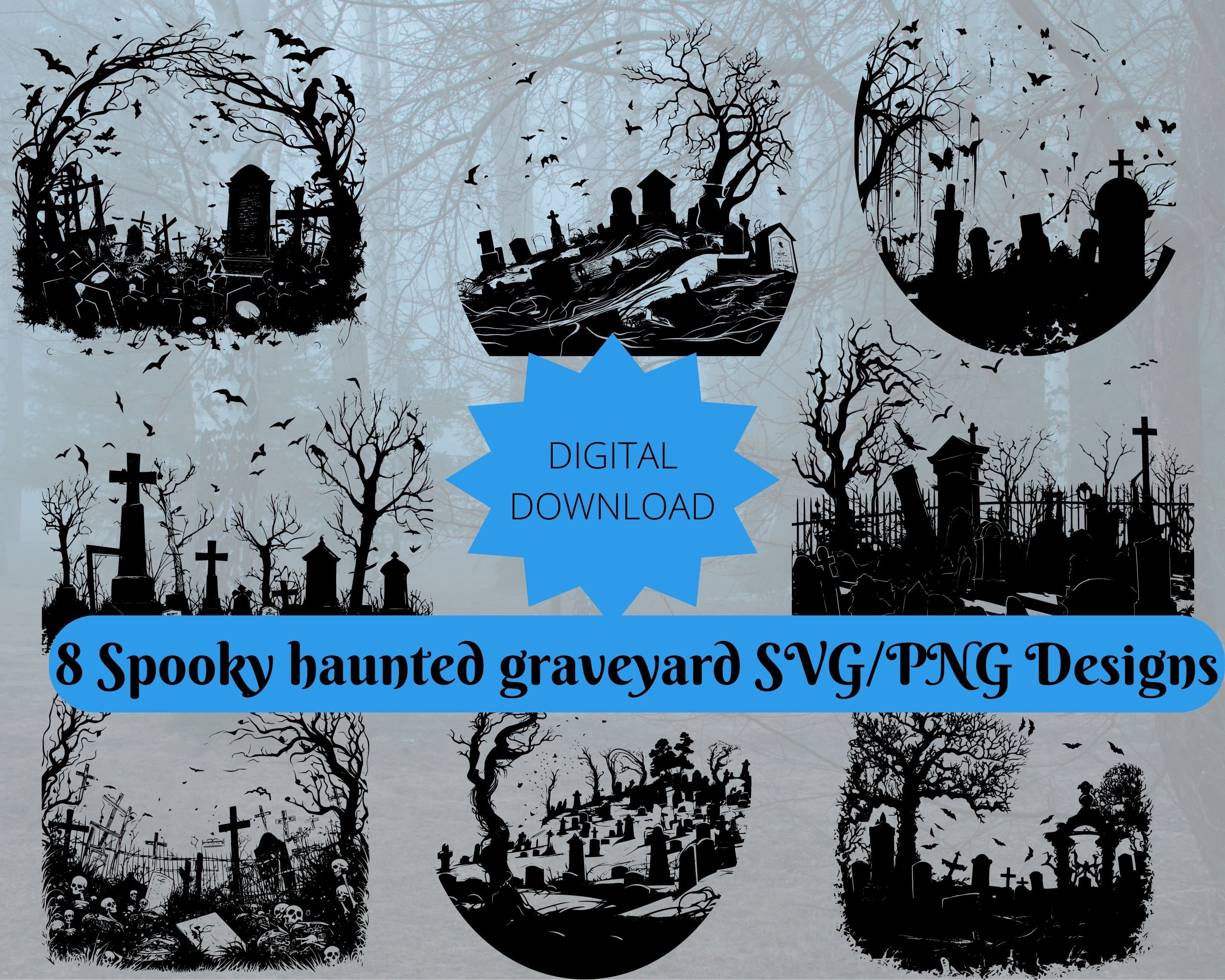 Spooky Graveyard SVG/PNG bundle. Halloween svg,Haunted tombstone vector,  Halloween decal, spooky decoration silhouette. Haunted graveyard, image size:2500x2000