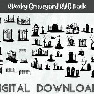 Spooky Graveyard SVG/PNG-bundel. Halloween SVG, Haunted tombstone vector, Halloween sticker, griezelig decoratie silhouet. Een spookachtig kerkhof