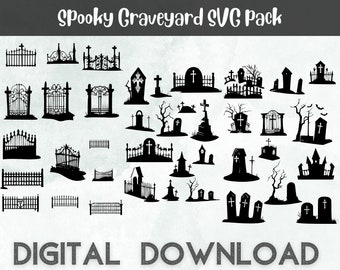 Spooky Graveyard SVG/PNG bundle. Halloween svg,Haunted tombstone vector, Halloween decal, spooky decoration silhouette. Haunted graveyard