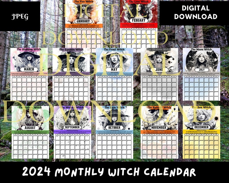 2024 Printable Witch Calendar, 2024 Witch Calendar, Monthly Witch