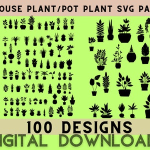 以下が含まれることがあります： 100種類の鉢植えの観葉植物の白黒SVGデザインのデジタルダウンロードパック。クラフト、スクラップブッキング、その他のクリエイティブなプロジェクトに最適です。
