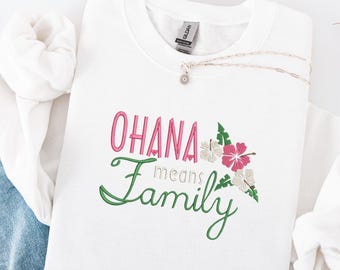 Sudadera bordada de Lilo y Stitch: Ohana significa familia, cuello redondo