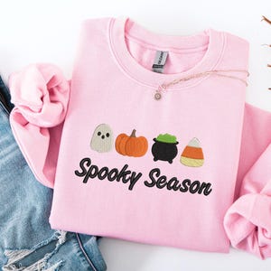 Embroidered Spooky Season sweatshirt, cute halloween spooky season mini icons sweatshirt, Halloween sweater, ghost - cauldron- candy corn