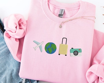 Sudadera con iconos de viaje bordados: Camiseta de viaje moderna y bonita