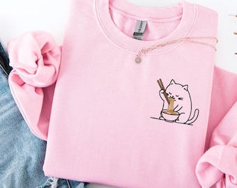 Embroidered Noodle Cat Sweatshirt: Kawaii Ramen Shirt