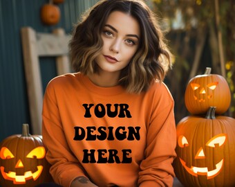 Halloween-modeller Gildan 18000-modell av tröja Modell Gildan 18000 Orange modell Halloween-estetisk modell Gildan-tröja Höstmodell