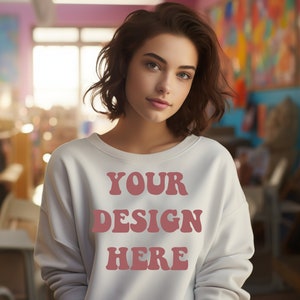 Lehrer Mockup Gildan 18000 Mockup Weißes Sweatshirt Gildan Mockup Lehrer Sweatshirt Mockup Gilden 180000 Mockup Zurück zu Schule Mock up