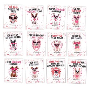 Könnte beinhalten: Set mit 10 druckbaren Valentinstagskarten mit niedlichen Cartoon-Hunden, die Sonnenbrillen und rosa Herzen tragen. Die Karten haben verschiedene Botschaften, wie z. B. "Fur Real You're the Best!" und "You Are My Fur-Ever Friend!"