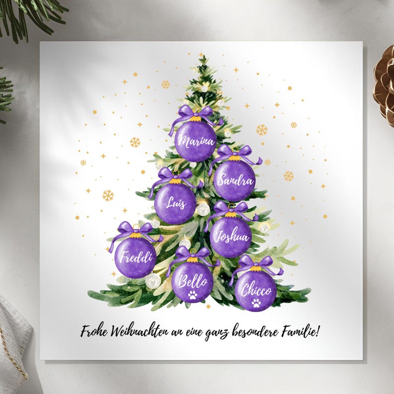 May include: A Christmas card featuring a watercolor Christmas tree decorated with purple ornaments, each bearing a name. The card includes the text "Frohe Weihnachten an eine ganz besondere Familie!" in a script font, with gold star accents.