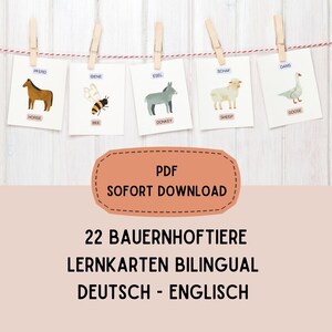 Bilinguale Lernkarten Tiere auf dem Bauernhof deutsch englisch, Montessori, Lernmaterial für Kinder, sofort druckbar, lernen, Download