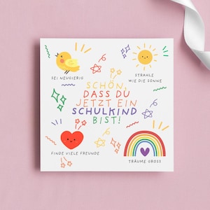 Congratulations card with envelope for school enrollment | Colorful postcard for schoolchildren | First day of school | Finally school | Back-to-school card