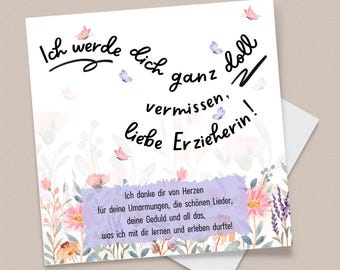 Afscheidskaart voor kleuterjuf inclusief envelop, bedankkaart voor kinderdagverblijf/kleuterschool, afscheidscadeau voor leerkrachten/onderwijzers, vierkant 15,2 x 15,2 cm