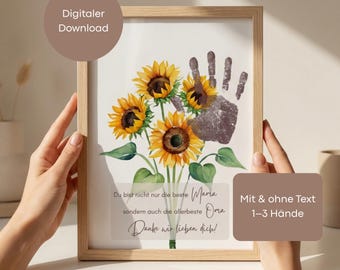 Muttertagsgeschenk Oma DIY Handabdruck Poster Sonnenblumen – druckbares Geschenk von Kindern (DIN A4, mit & ohne Text)