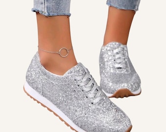 Silver Glitter Sneakers | Sparkly Party Shoes | Bridal Sneakers | Stylish Breathable tennis shoes