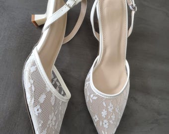 Ivory Lace Slingback Heels | Elegant Wedding Shoes for Bride | Formal Occasions Pumps | Bridal Heels
