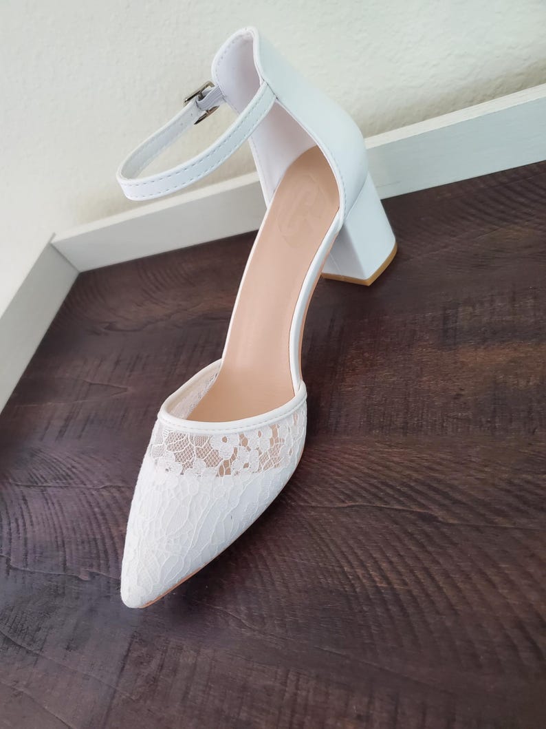 Bridal White Lace Heels – Pointed Toe with Ankle Strap