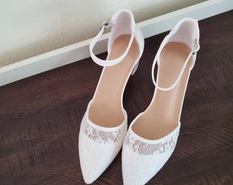 Lace Bridal Heels | White Wedding Shoes | Ankle Strap Pumps