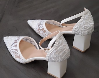 Zapatos de tacón de novia con encaje y bordado floral - Zapatos de boda color marfil con punta afilada - Zapatos de tacón medio cómodos para novia - Zapatos de dama de honor con tira al tobillo