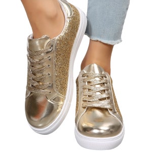 Women's Glitter Flat Slip-on Sneakers, Silver Gold Casual Sequin Skate Shoes