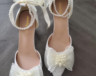 Elegant Pearl Bow Wedding Heels | Ivory Bridal Shoes | Floral Appliqué Pumps