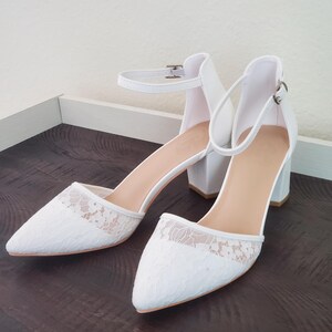 Bridal White Lace Heels – Pointed Toe with Ankle Strap