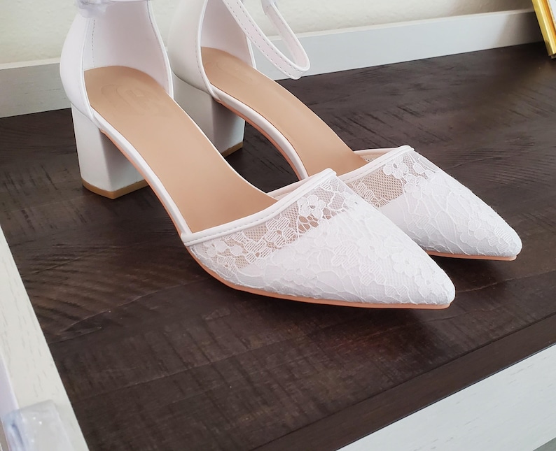 Bridal White Lace Heels – Pointed Toe with Ankle Strap