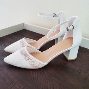 Bridal White Lace Heels – Pointed Toe with Ankle Strap