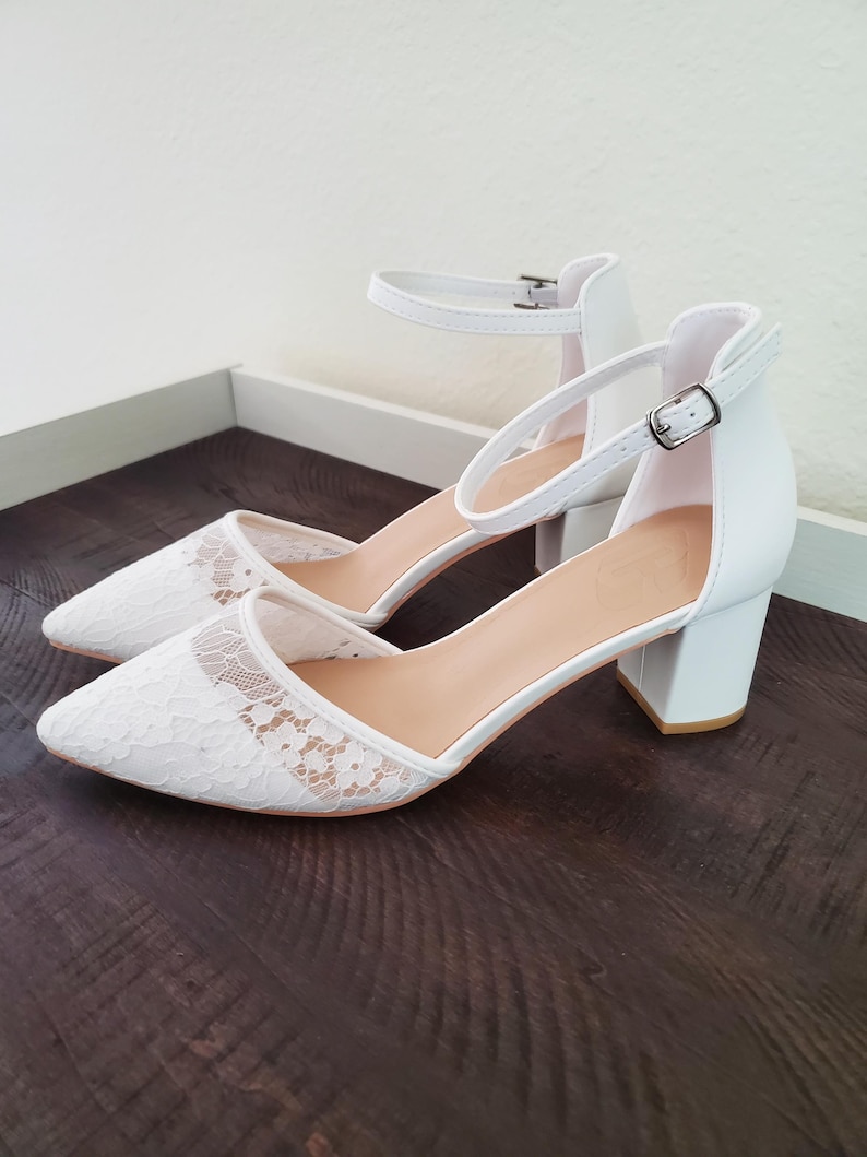 Bridal White Lace Heels – Pointed Toe with Ankle Strap