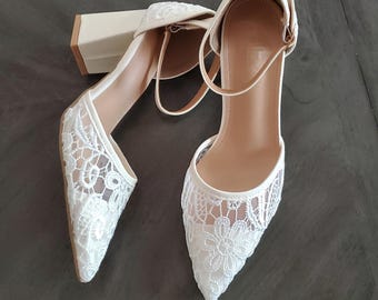 Ivory Floral Lace Bridal Heels, Pointed Toe Wedding Shoes, Mid Block Heel, Ankle Strap Pumps