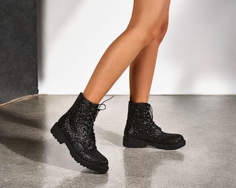 Black Glitter Combat Lace-Up Boots