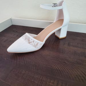 Bridal White Lace Heels – Pointed Toe with Ankle Strap