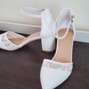 Bridal White Lace Heels – Pointed Toe with Ankle Strap