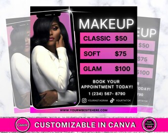 Könnte beinhalten: Eine pinkfarbene und schwarze Grafik mit dem Gesicht einer Frau in einem Telefonbildschirm. Der Text lautet "MAKEUP" mit Preisen für "CLASSIC", "SOFT" und "GLAM" Make-up-Dienstleistungen. Der Text enthält auch eine Telefonnummer und Social-Media-Handles.