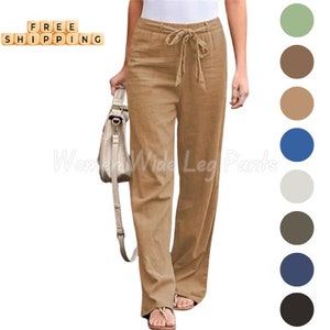 Summer Elastic Waist Women Cotton Linen Pant Hight Waist Ankle-length Oversized Loose Trousers Female Casual Solid Color Pants Hemp Strap