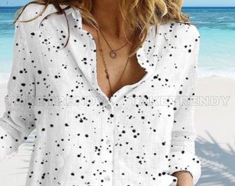Frauen Leinenhemden V-Ausschnitt Roll-Up-Hülsen-Sommer-Shirt Solid-Knopf Revers Tunika Blusen-Shirt Geschenk für Sie Langarm-Oversized-Shirt