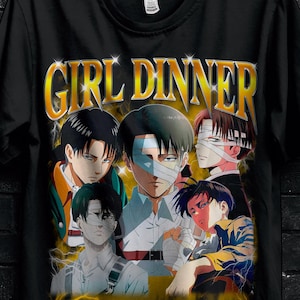 May include: Black t-shirt featuring anime-style illustrations of several characters. The text "GIRL DINNER" is displayed in a yellow, retro font. Additional text includes "50% OFF" and "BULK50".
