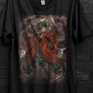 May include: Black t-shirt with a detailed illustration of a character in a red coat, with a sword and dark background. The shirt includes the text "BULK SALE" and "BUY 4 - 40% DISCOUNT".