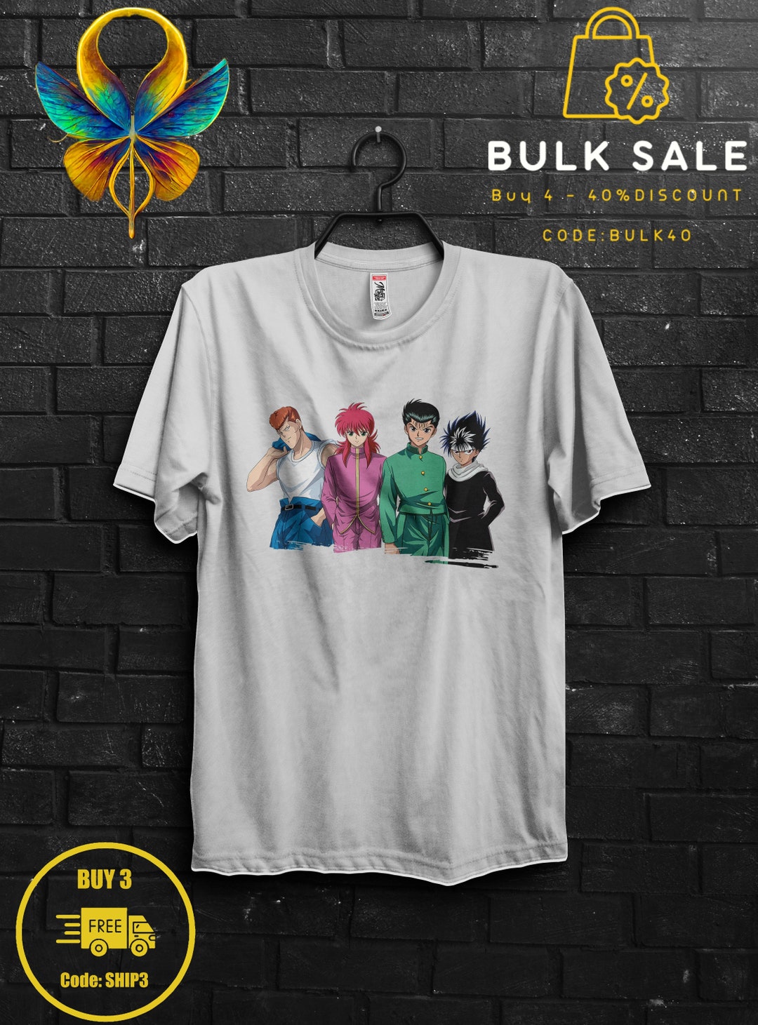 T-shirt Yu Yu Hakusho Unisexe - Dessin Yusuke, Hiei, Kurama - Anime Manga - Taille S à 5XL
