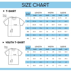 May include: A size chart for t-shirts and youth t-shirts, with measurements in inches and centimeters. The chart includes sizes, lengths, widths, and sleeve lengths for each size, from XS to 4XL.