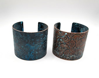 Patinated Art Deco Patterned Copper Wrist Cuffs