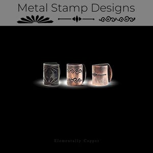 May include: Three cylindrical metal stamps with distinct patterns. The left stamp features a sunburst design, the center stamp has a double scroll pattern, and the right stamp displays a horizontal line with a central diamond. Text reads Metal Stamp Designs.