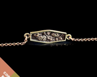 Messing Laser-Gravur Trauben & Rebe Armband - Wein-Motiv, Vintage Patina, antike kupferbeschichtete Messing-Rolo-Kette