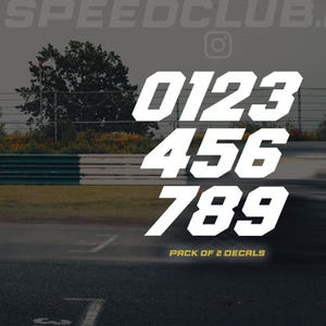 Puede incluir: Números blancos 0123 456 789 en una fuente en negrita y de bloque. Los números están dispuestos en tres filas. El texto "PACK OF 2 DECALS" está debajo de los números.