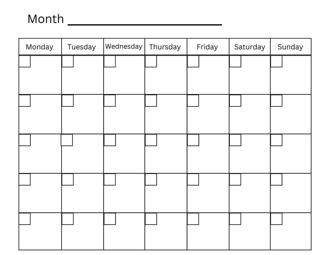 Monthly calendar digital print monday start modern calendar black