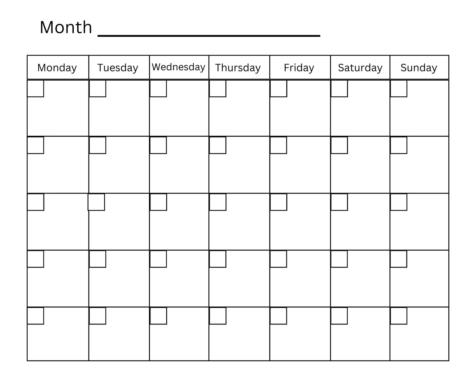 Monthly calendar digital print monday start modern calendar black
