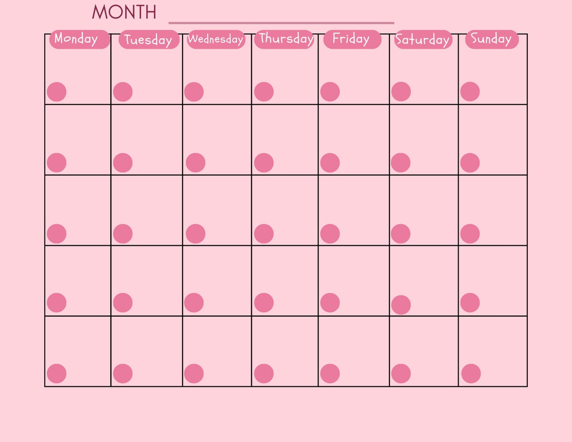 Blank Monthly Calendar, Pink Calendar, Monday Start, Fun Printable ...