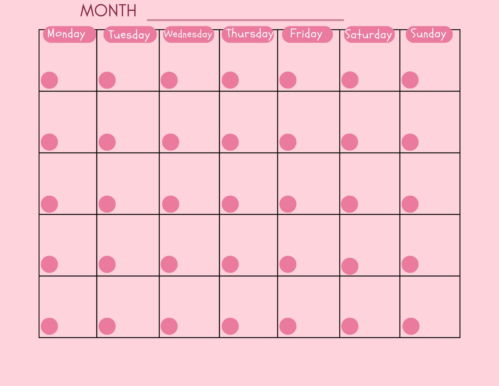 Blank Monthly Calendar, Pink Calendar, Monday Start, Fun Printable ...