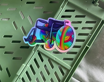 Wheelchair with yarn wheels fibre arts sticker | large holographic vinyl sticker